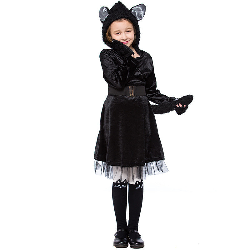 Girls black cat Halloween costume with eared hood, velvet dress, belt, tulle hem and paw gloves - view 4