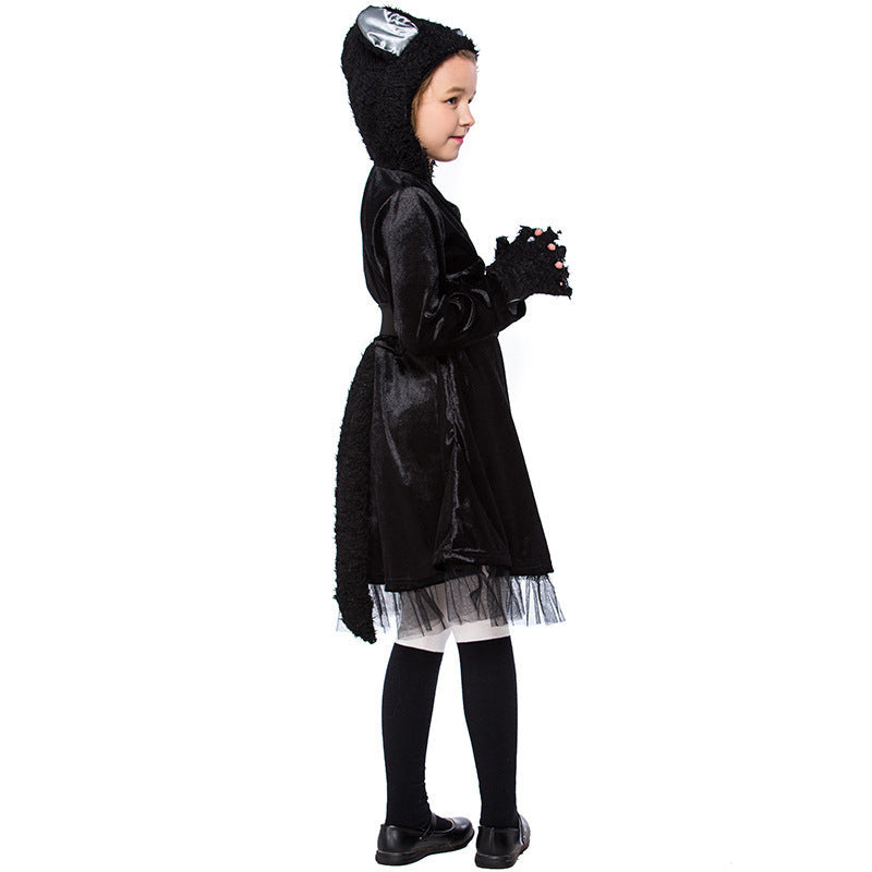 Girls black cat Halloween costume with eared hood, velvet dress, belt, tulle hem and paw gloves - view 5