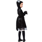 Girls black cat Halloween costume with eared hood, velvet dress, belt, tulle hem and paw gloves - view 5
