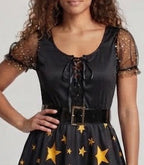 Women's black witch Halloween costume with gold star print skirt, lace-up bodice, mesh puff sleeves, buckle belt and pointed hat - view 2