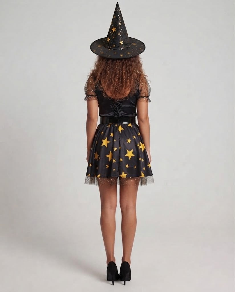 Women's black witch Halloween costume with gold star print skirt, lace-up bodice, mesh puff sleeves, buckle belt and pointed hat - view 3