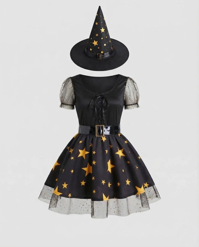 Women's black witch Halloween costume with gold star print skirt, lace-up bodice, mesh puff sleeves, buckle belt and pointed hat - view 4