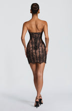 Strapless black lace corset homecoming mini dress with nude underlay and lace-up back - view 2