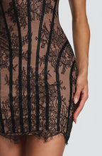 Strapless black lace corset homecoming mini dress with nude underlay and lace-up back - view 3