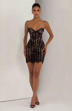 Strapless black lace corset homecoming mini dress with nude underlay and lace-up back - view 8