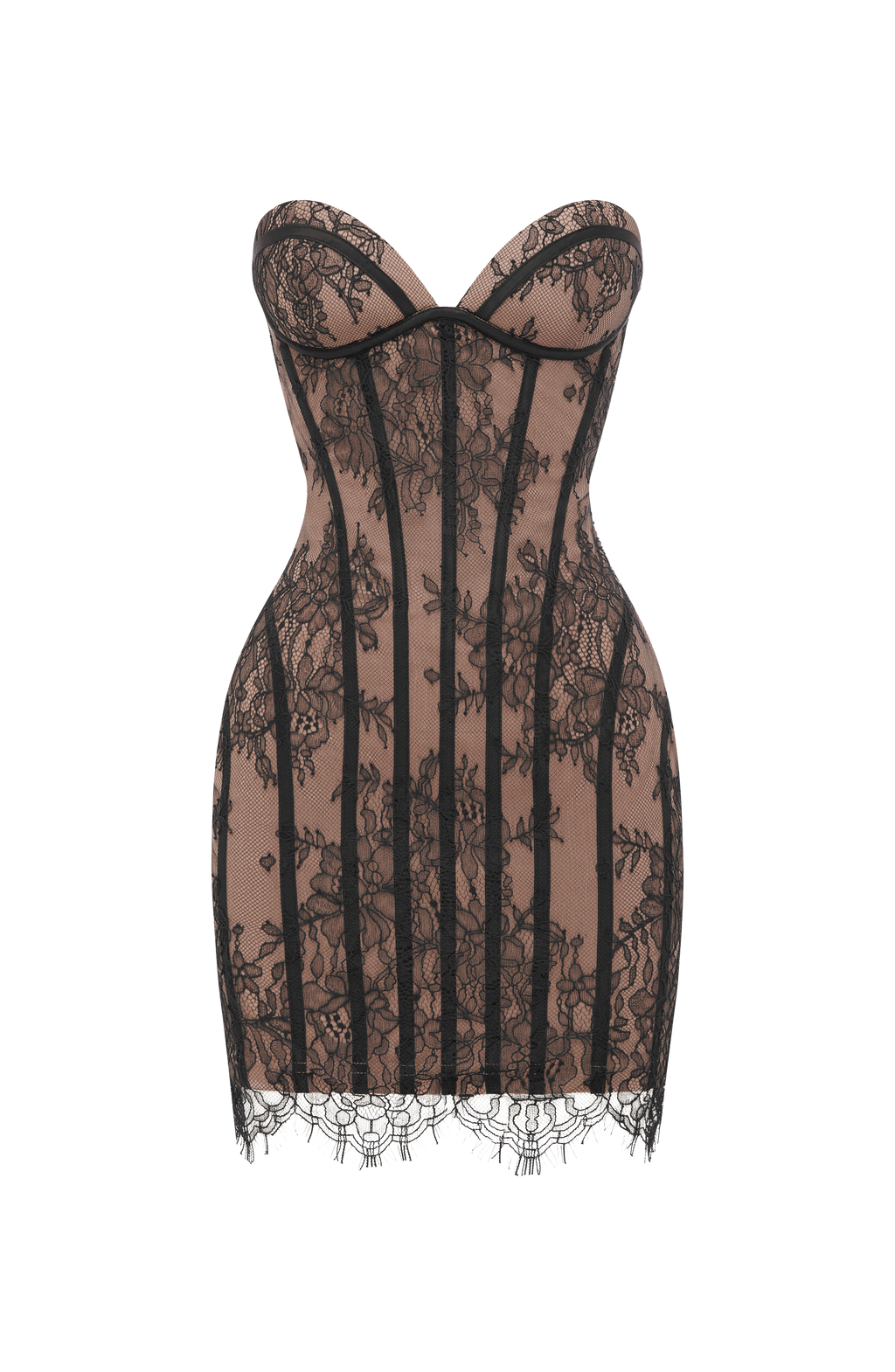 Strapless black lace corset homecoming mini dress with nude underlay and lace-up back - view 9
