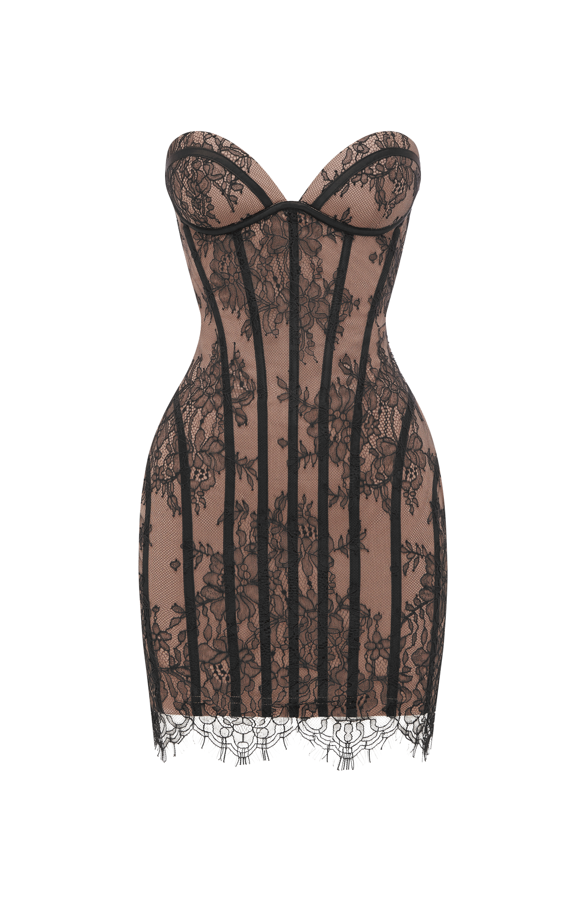 Strapless black lace corset homecoming mini dress with nude underlay and lace-up back - view 9