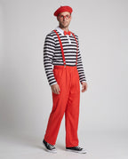 Men's mime Halloween costume with black and white striped top, red pants, red suspenders, bow tie, beret and glasses