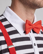 Men's mime Halloween costume with black and white striped top, red pants, red suspenders, bow tie, beret and glasses - view 2