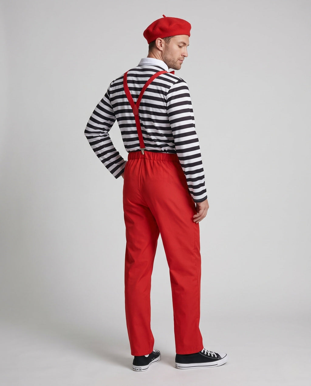 Men's mime Halloween costume with black and white striped top, red pants, red suspenders, bow tie, beret and glasses - view 3