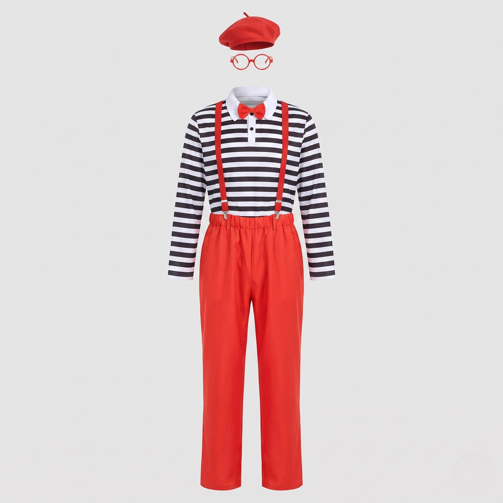 Men's mime Halloween costume with black and white striped top, red pants, red suspenders, bow tie, beret and glasses - view 4