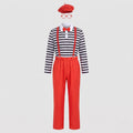 Men's mime Halloween costume with black and white striped top, red pants, red suspenders, bow tie, beret and glasses - view 4