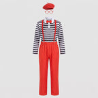 Men's mime Halloween costume with black and white striped top, red pants, red suspenders, bow tie, beret and glasses - view 4