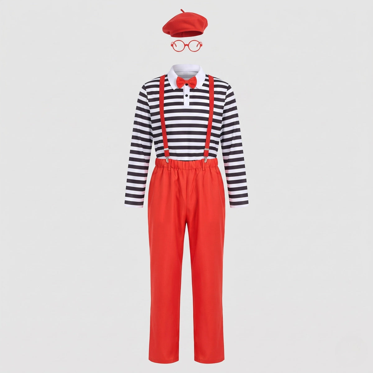 Men's mime Halloween costume with black and white striped top, red pants, red suspenders, bow tie, beret and glasses - view 4