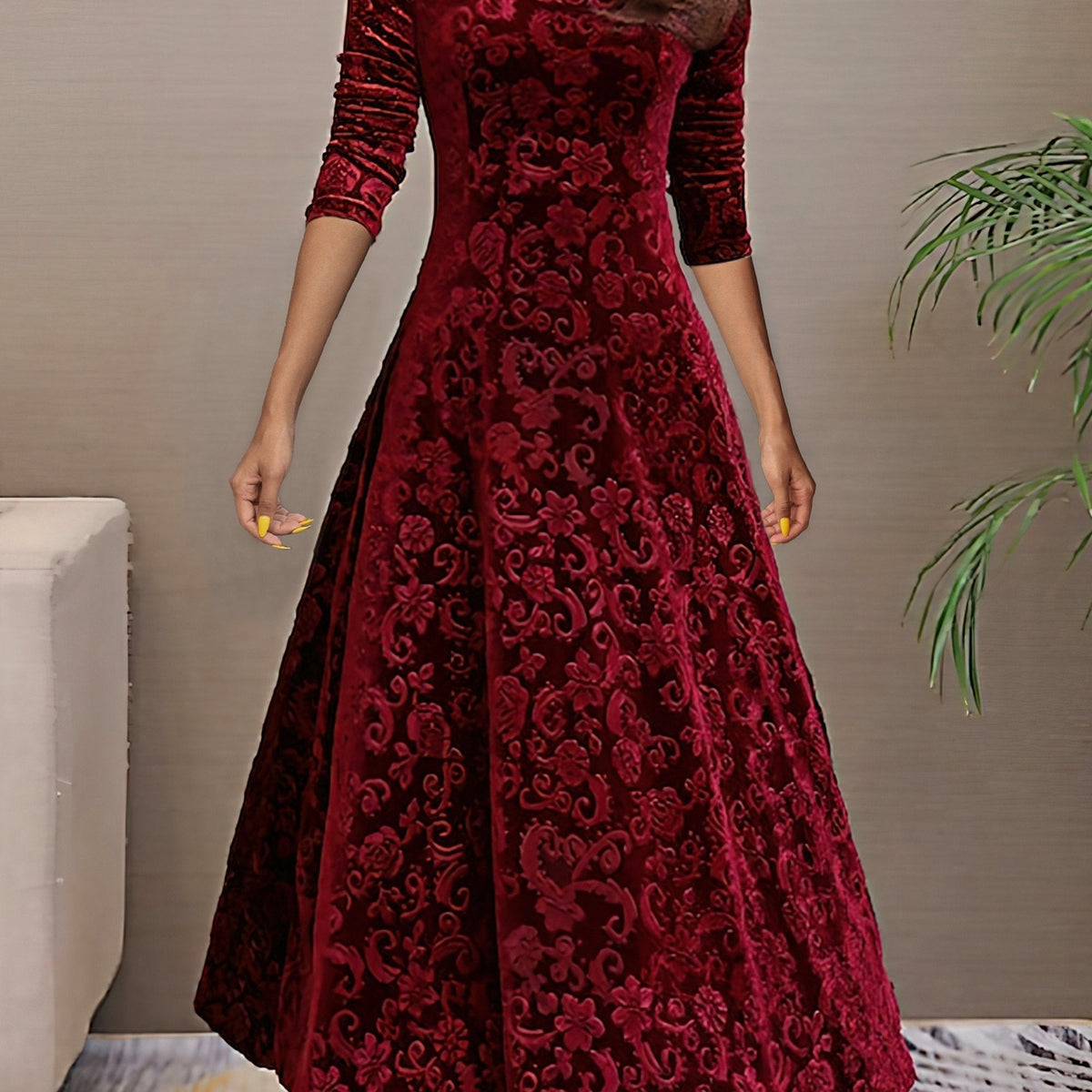 Embossed floral velvet A-line holiday dress with V-neck and three-quarter sleeves - view 10