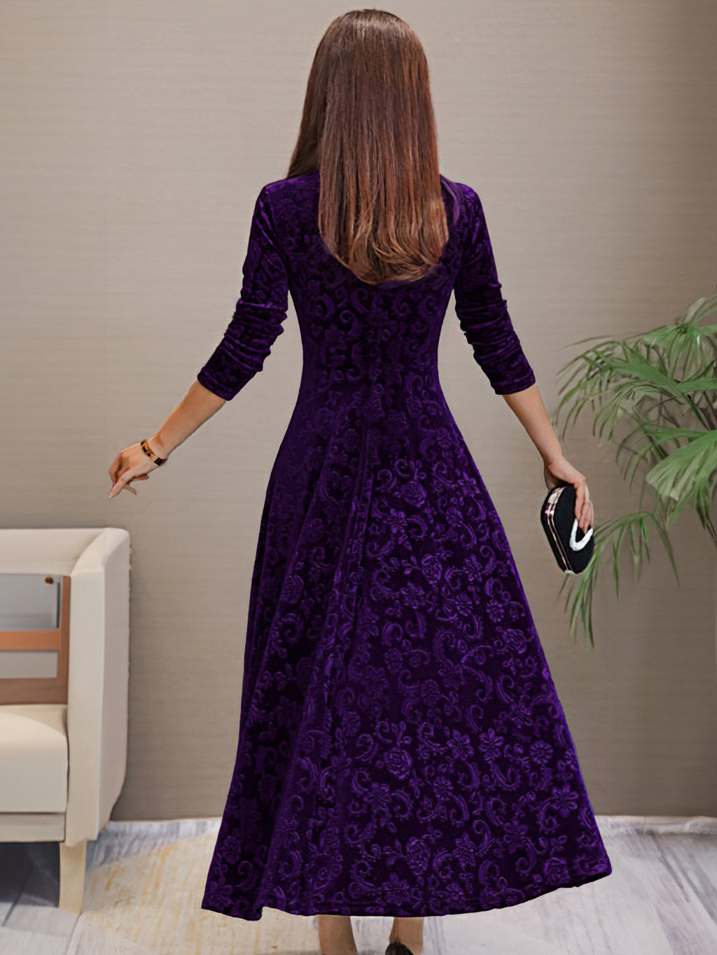Embossed floral velvet A-line holiday dress with V-neck and three-quarter sleeves - view 11
