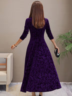 Embossed floral velvet A-line holiday dress with V-neck and three-quarter sleeves - view 11