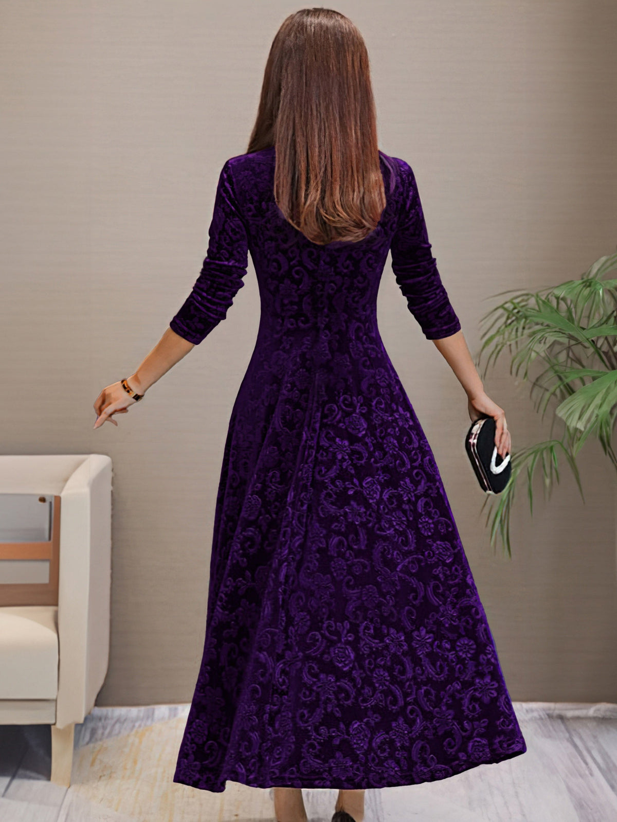 Embossed floral velvet A-line holiday dress with V-neck and three-quarter sleeves - view 11