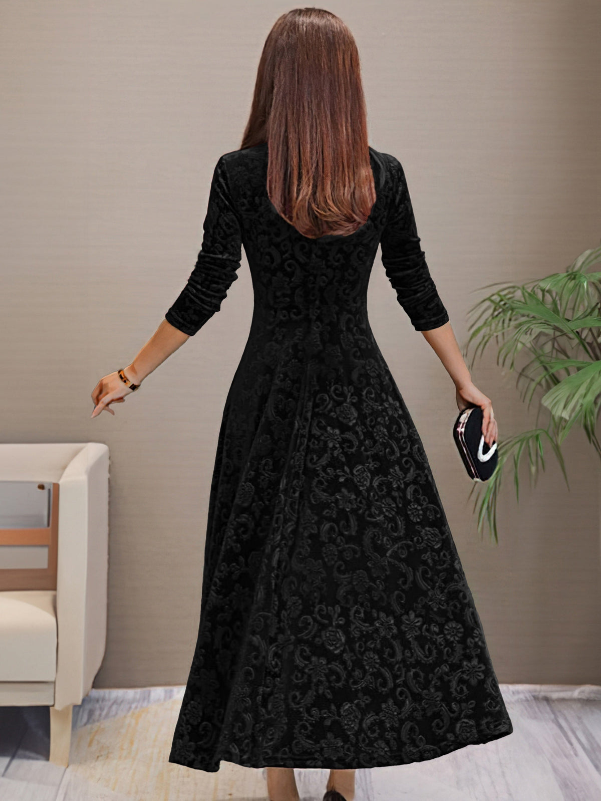 Embossed floral velvet A-line holiday dress with V-neck and three-quarter sleeves - view 12