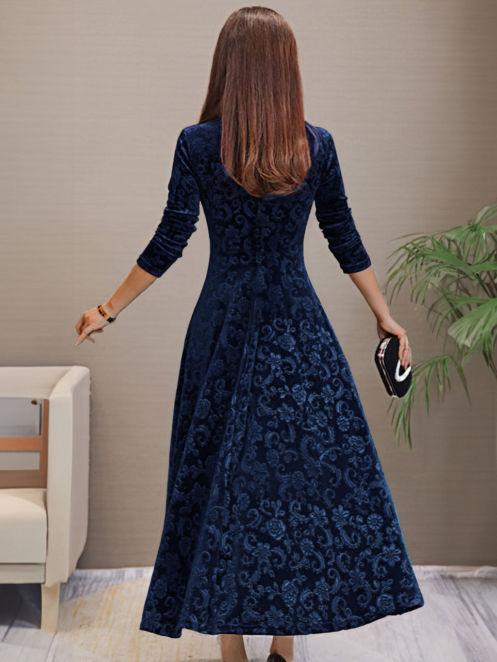 Embossed floral velvet A-line holiday dress with V-neck and three-quarter sleeves - view 13