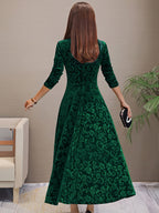 Embossed floral velvet A-line holiday dress with V-neck and three-quarter sleeves - view 15