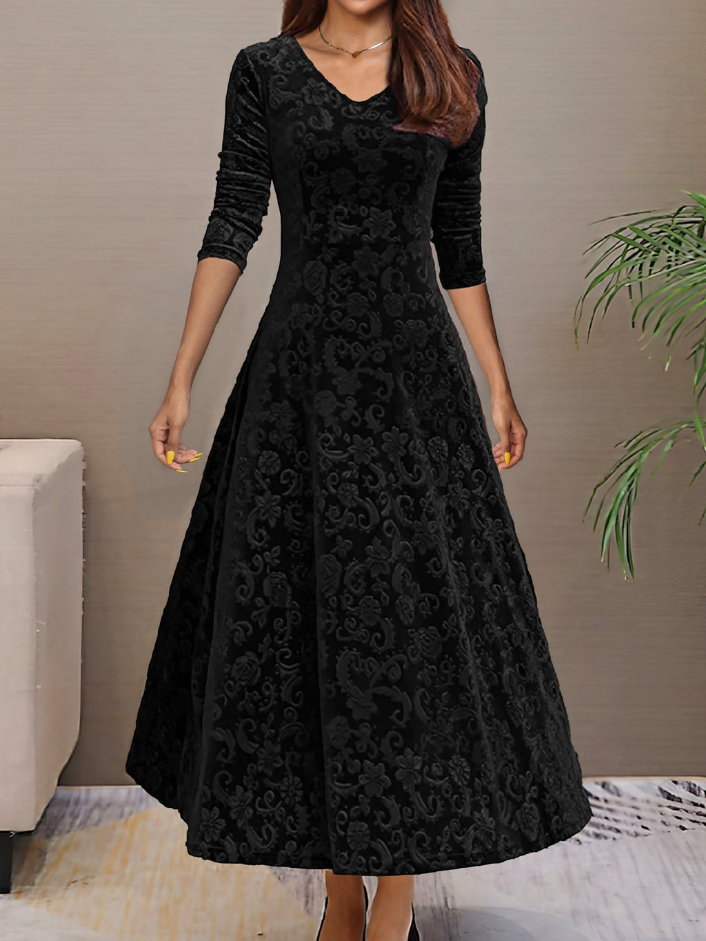 Embossed floral velvet A-line holiday dress with V-neck and three-quarter sleeves - view 2