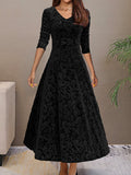 Embossed floral velvet A-line holiday dress with V-neck and three-quarter sleeves - view 2