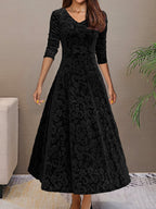 Embossed floral velvet A-line holiday dress with V-neck and three-quarter sleeves - view 2