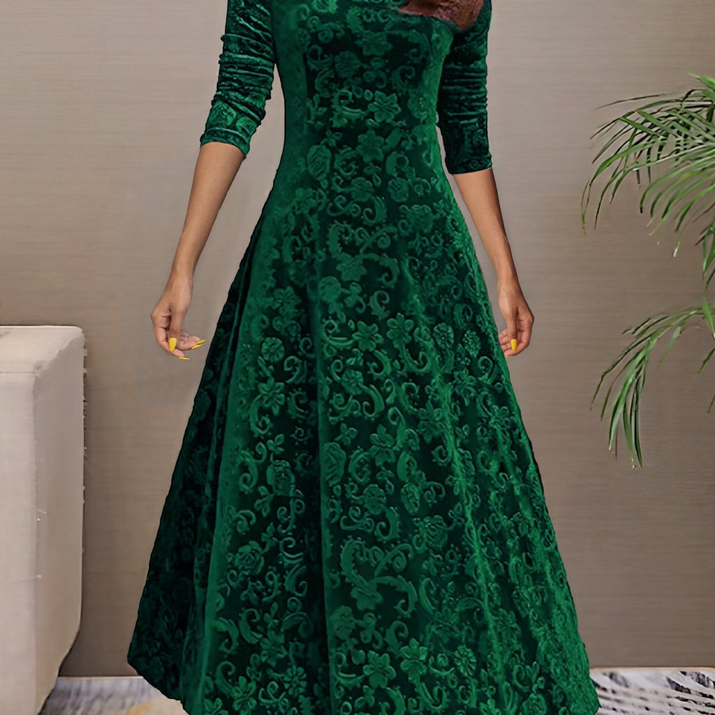 Embossed floral velvet A-line holiday dress with V-neck and three-quarter sleeves - view 6