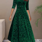 Embossed floral velvet A-line holiday dress with V-neck and three-quarter sleeves - view 6
