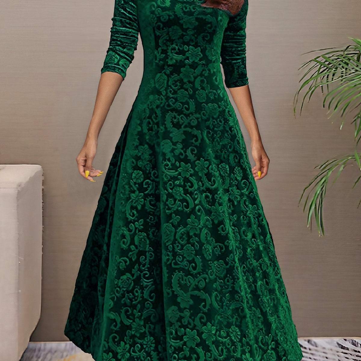 Embossed floral velvet A-line holiday dress with V-neck and three-quarter sleeves - view 6