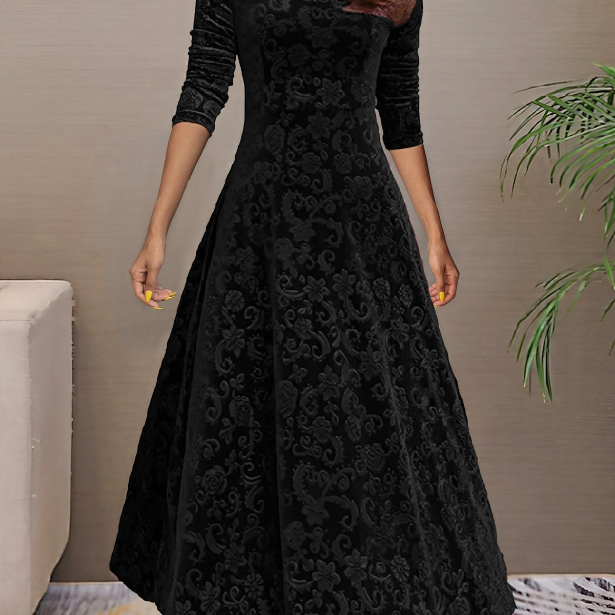 Embossed floral velvet A-line holiday dress with V-neck and three-quarter sleeves - view 7
