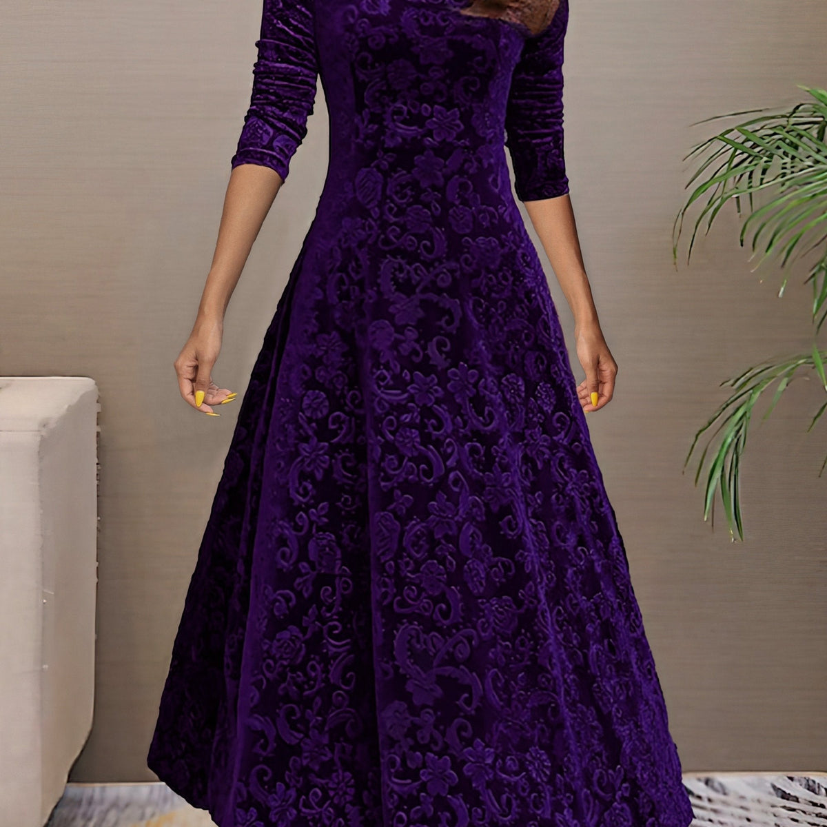 Embossed floral velvet A-line holiday dress with V-neck and three-quarter sleeves - view 8