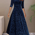 Embossed floral velvet A-line holiday dress with V-neck and three-quarter sleeves - view 9