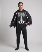 Men's black hooded skeleton print poncho costume with jagged hem and bone-print gloves