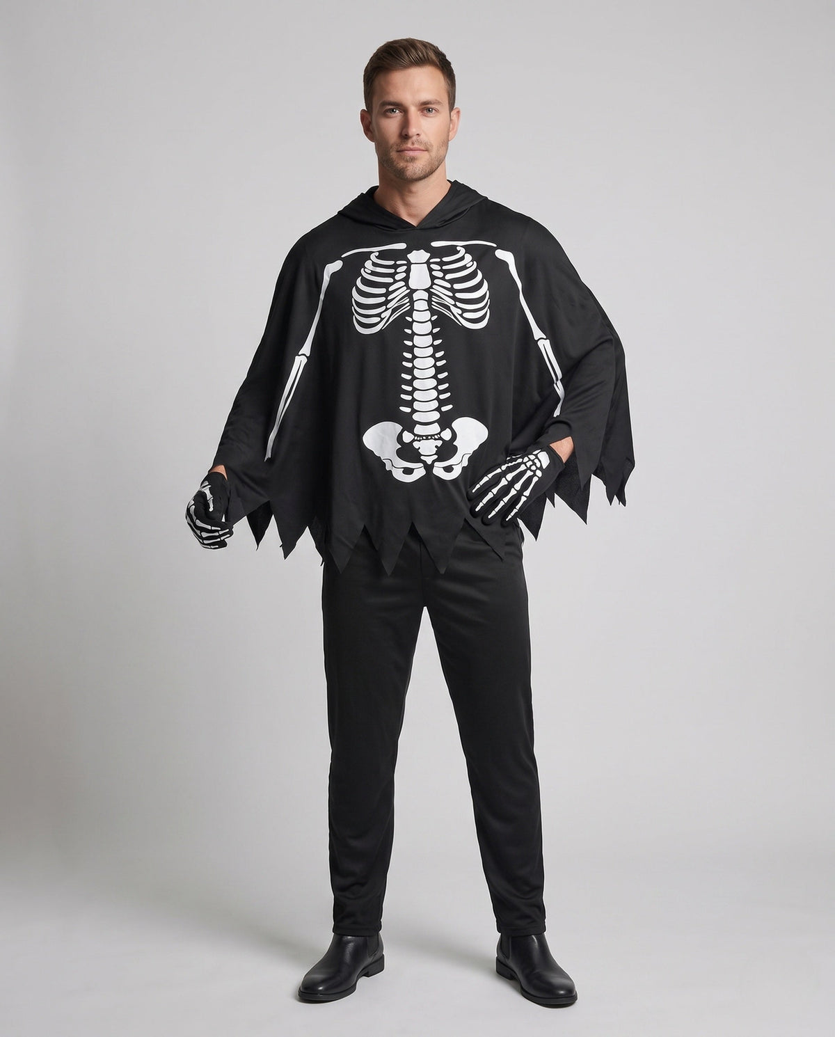 Men's black hooded skeleton print poncho costume with jagged hem and bone-print gloves