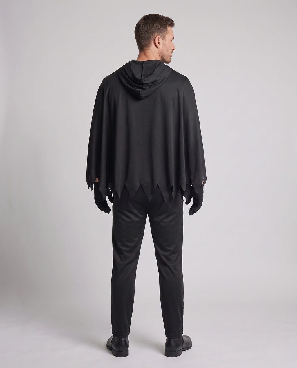 Men's black hooded skeleton print poncho costume with jagged hem and bone-print gloves - view 3