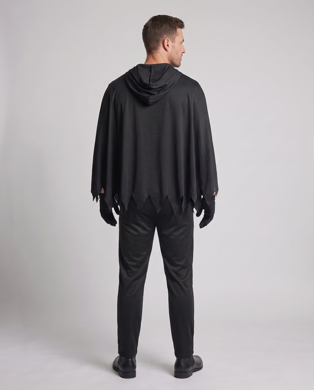 Men's black hooded skeleton print poncho costume with jagged hem and bone-print gloves - view 3