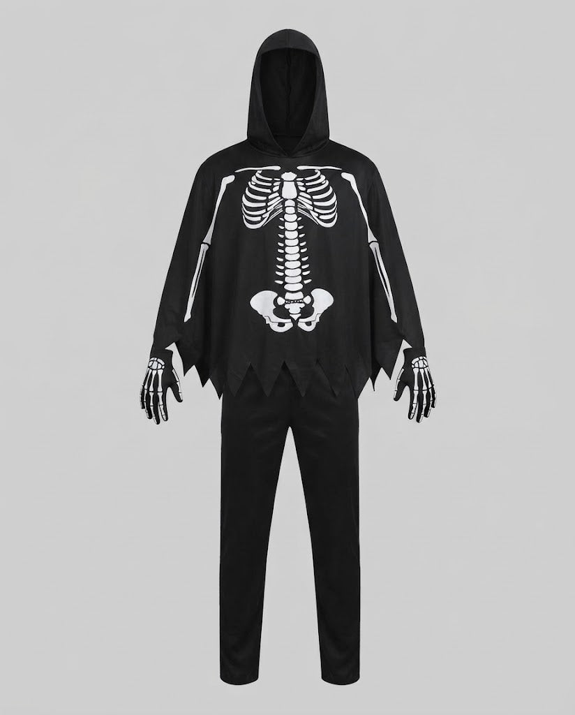 Men's black hooded skeleton print poncho costume with jagged hem and bone-print gloves - view 4