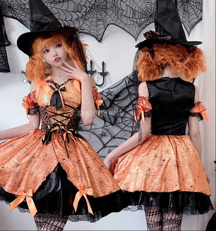 Women's orange and black witch Halloween costume dress with sequin lace-up bodice and spiderweb-print skirt - view 2