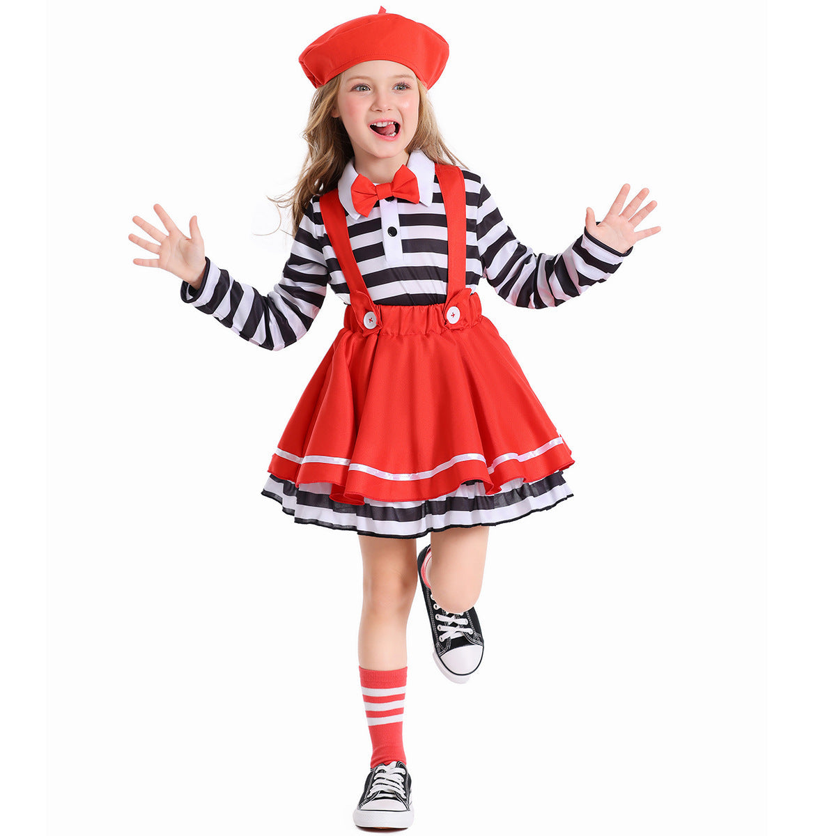 Girls mime Halloween costume with black and white striped top, red suspender skirt, red bow tie and red beret