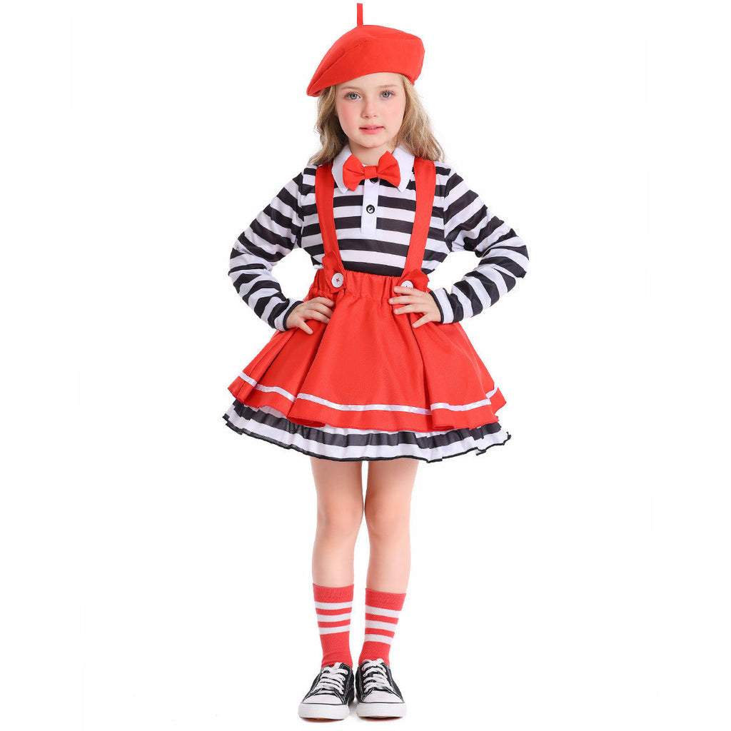 Girls mime Halloween costume with black and white striped top, red suspender skirt, red bow tie and red beret - view 2