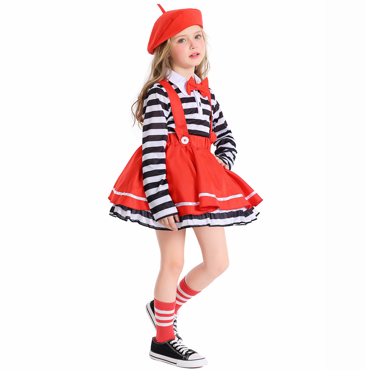 Girls mime Halloween costume with black and white striped top, red suspender skirt, red bow tie and red beret - view 3