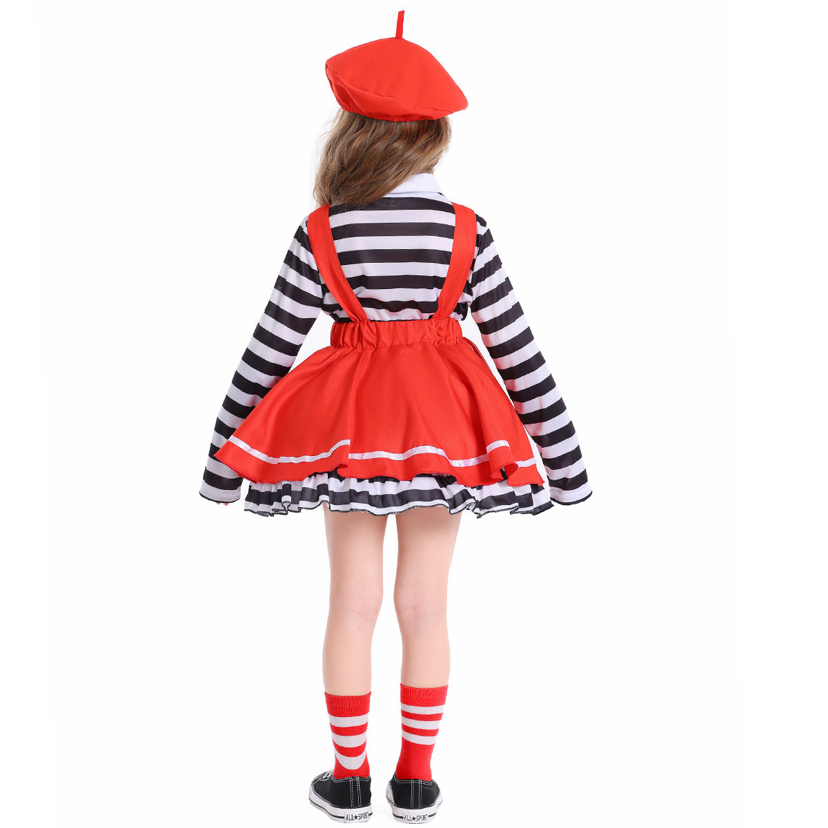 Girls mime Halloween costume with black and white striped top, red suspender skirt, red bow tie and red beret - view 4