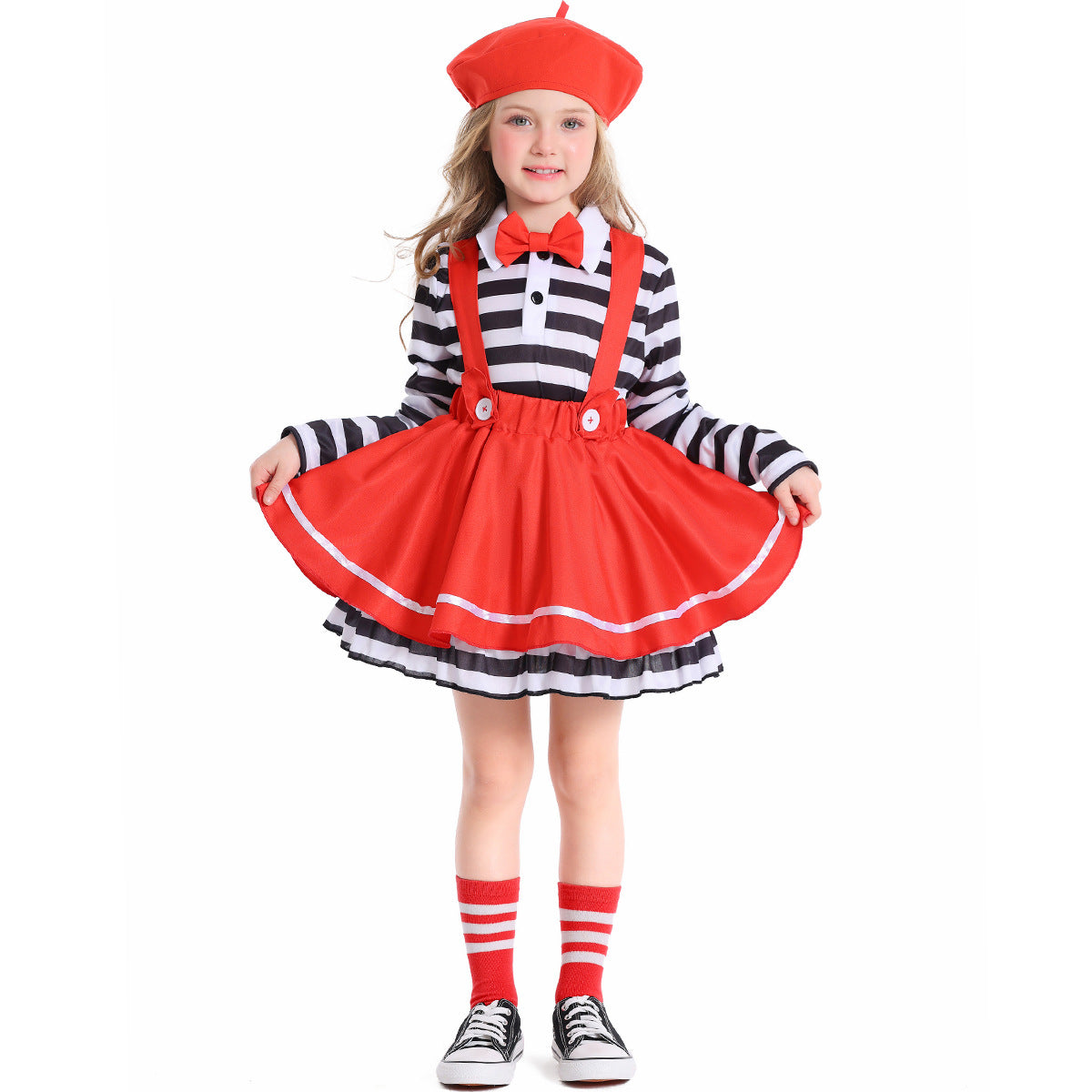 Girls mime Halloween costume with black and white striped top, red suspender skirt, red bow tie and red beret - view 5
