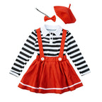 Girls mime Halloween costume with black and white striped top, red suspender skirt, red bow tie and red beret - view 7