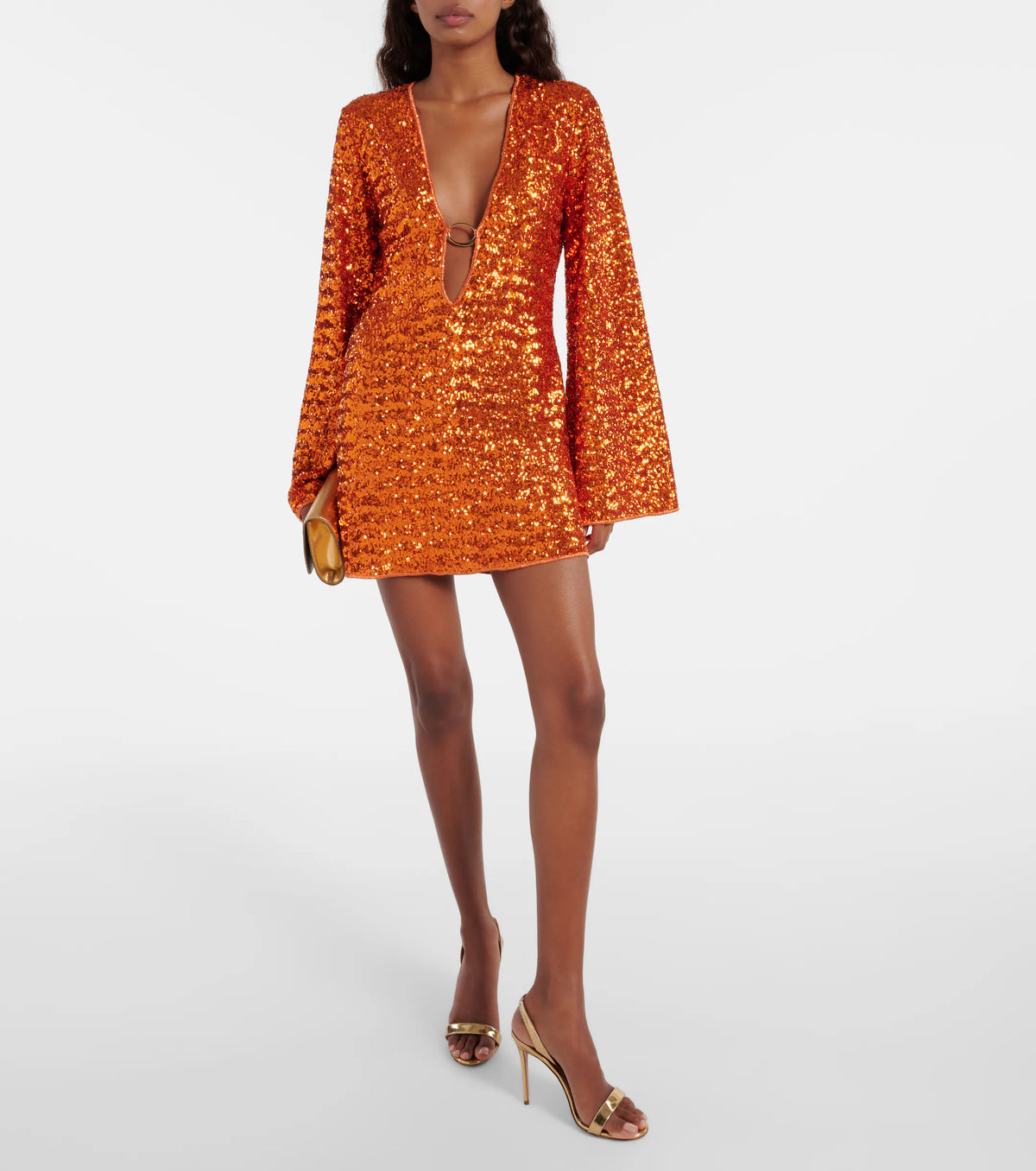 Sequin homecoming mini dress with long flared sleeves and plunging V-neck ring detail