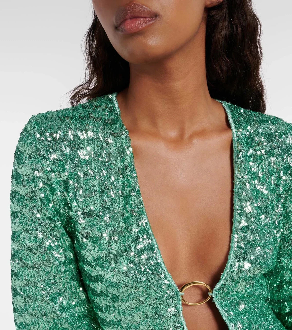 Sequin homecoming mini dress with long flared sleeves and plunging V-neck ring detail - view 4