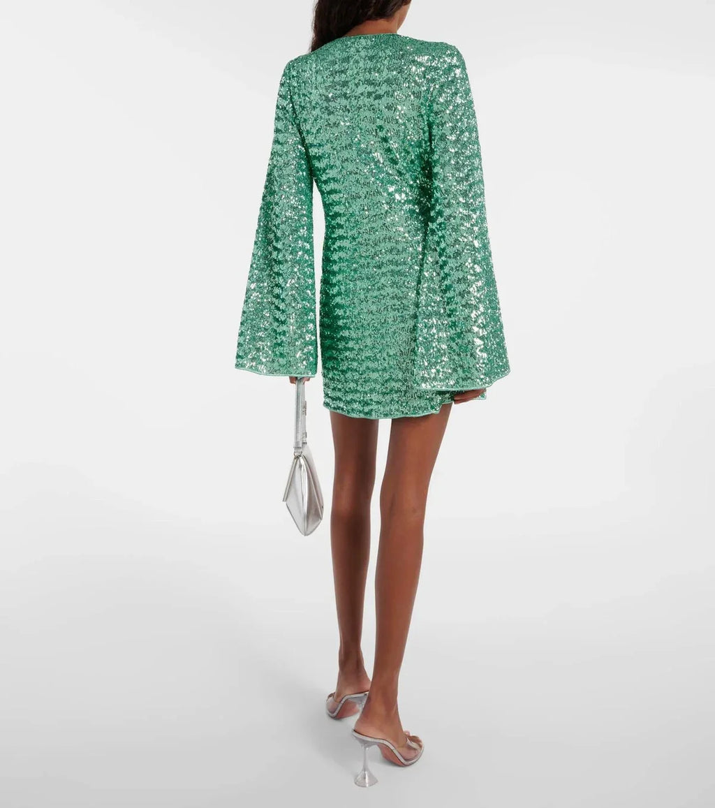 Sequin homecoming mini dress with long flared sleeves and plunging V-neck ring detail - view 5