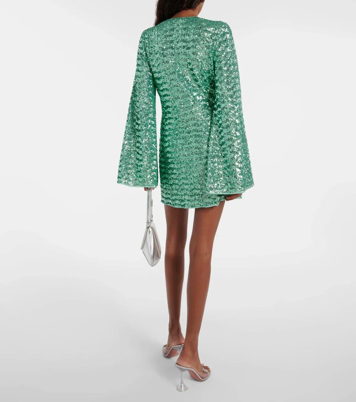Sequin homecoming mini dress with long flared sleeves and plunging V-neck ring detail - view 5